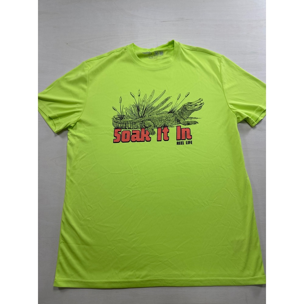 Reel Life Mens Soak It In Alligator Graphic PerformanceT-Shirt Neon Lime Green M